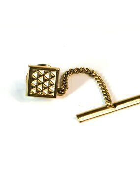 Vintage Gold Tone Tie Tack Square Textured Grid Design Chain